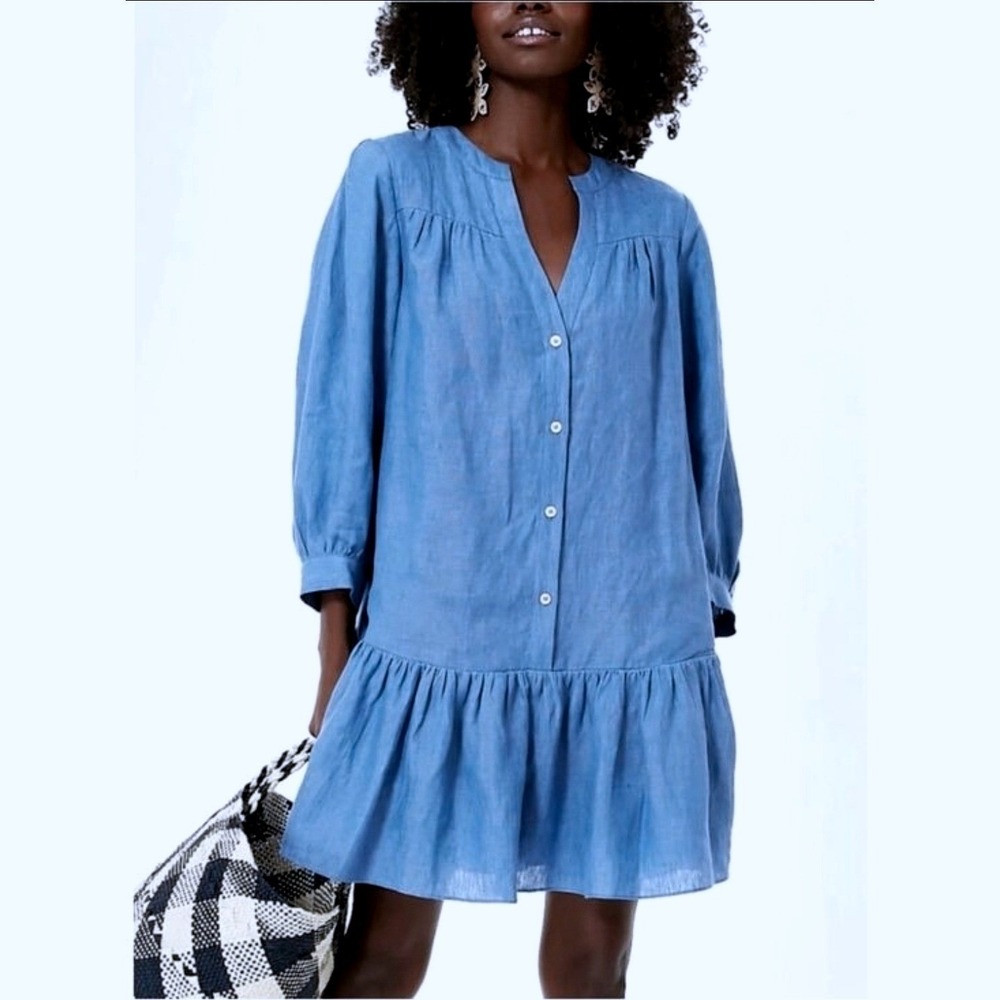 Pomander Place Womens Linen Blend Ruffle Drop Waist Mini Dress Blue XS FLAW